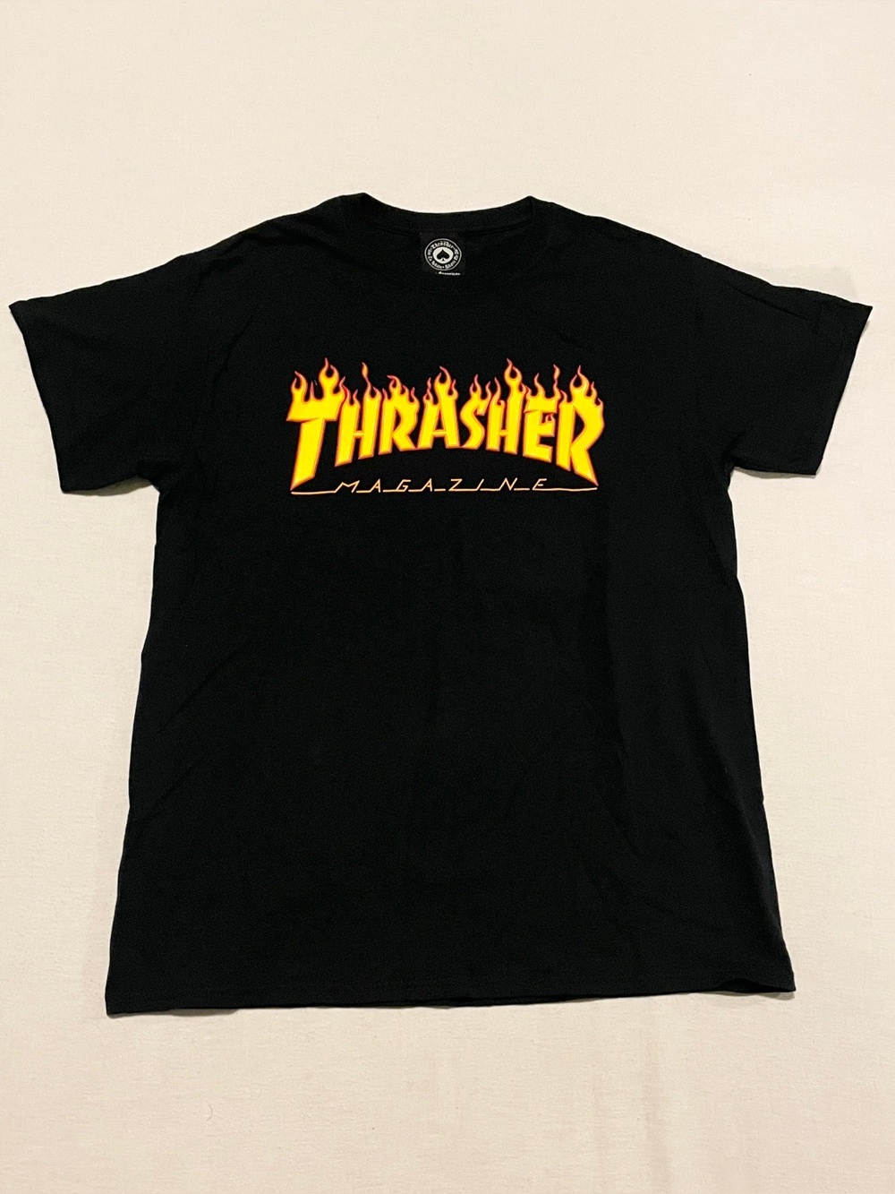 Thrasher Magazine Flame Logo T-Shirt Black Yellow Skate Tee Men's Medium
